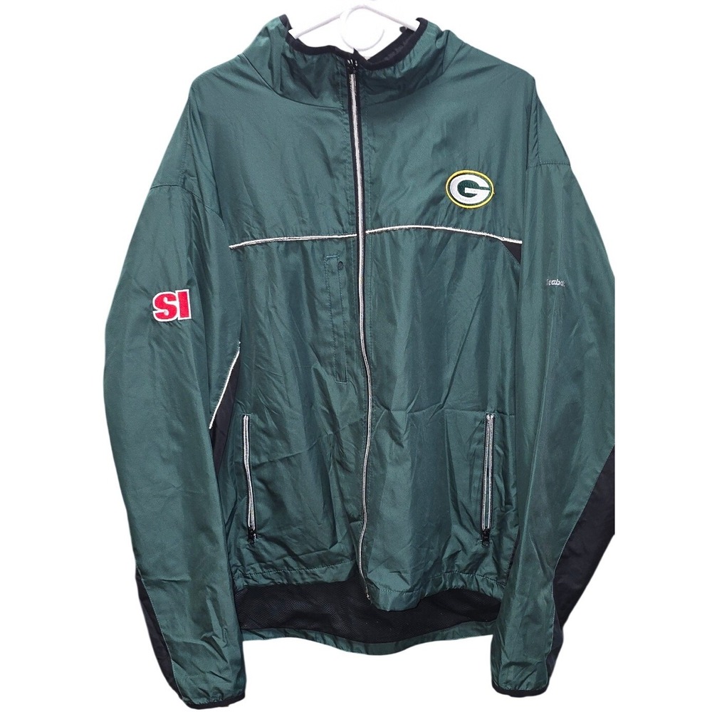 Reebok Green Bay Packers NFL Windbreaker Jacket Green Mens 2XL Full Zip SI Patch